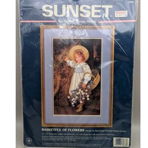Vintage Sunset Stamped Cross Stitch "Basketful of Flowers" 1997 Sealed 10"x16"‎